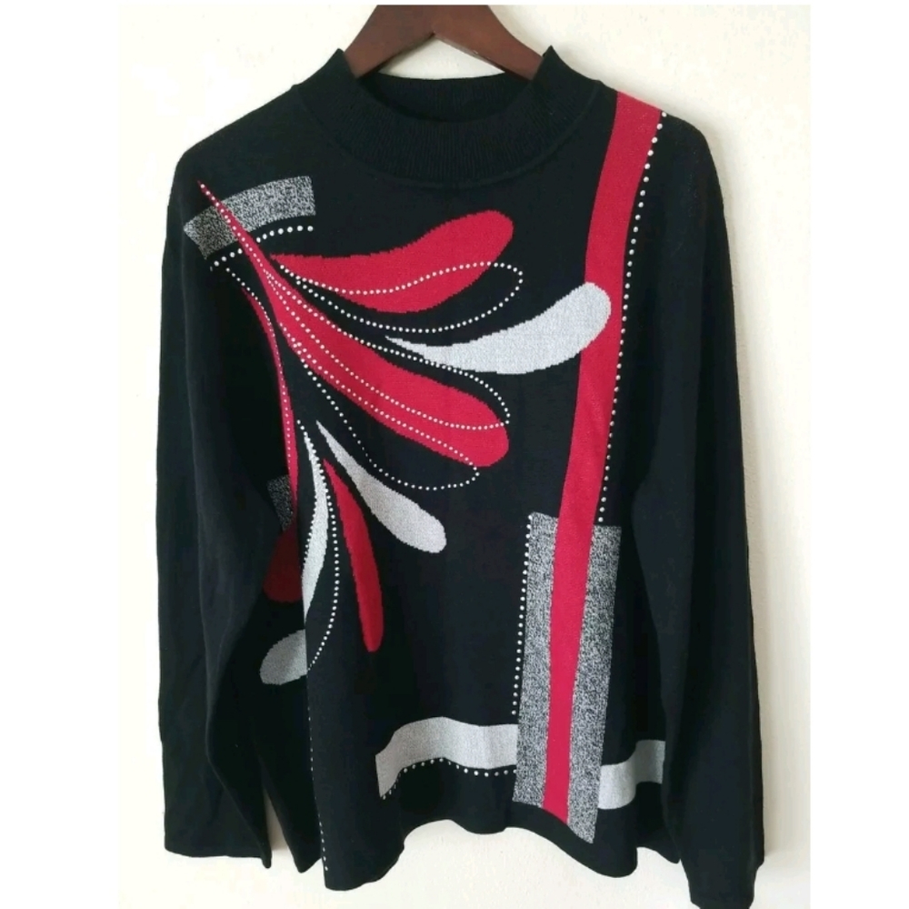 NWT ALFRED DUNNER Petite Black Red Embellished Mock Neck Cozy Knit Sweater sz 1X